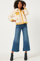 HN4284 Cream Womens Contrast Corduroy Trimmed Button Up Sherpa Jacket Full Body