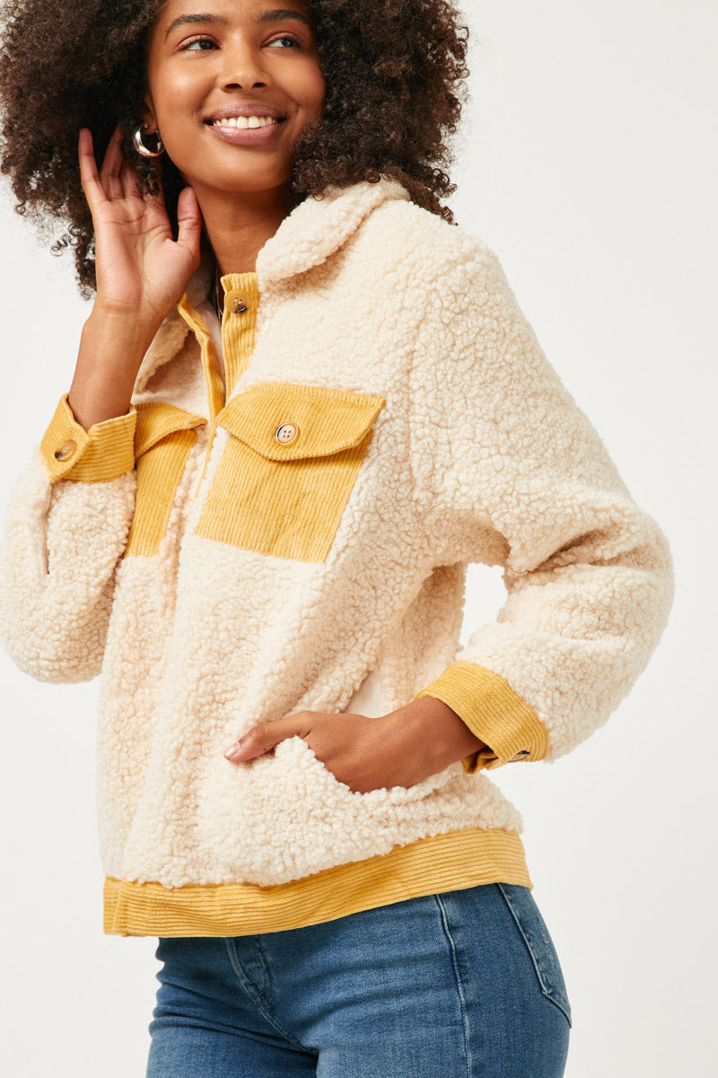 HN4284 Cream Womens Contrast Corduroy Trimmed Button Up Sherpa Jacket Side