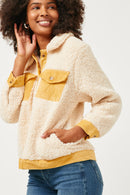 HN4284 Cream Womens Contrast Corduroy Trimmed Button Up Sherpa Jacket Side