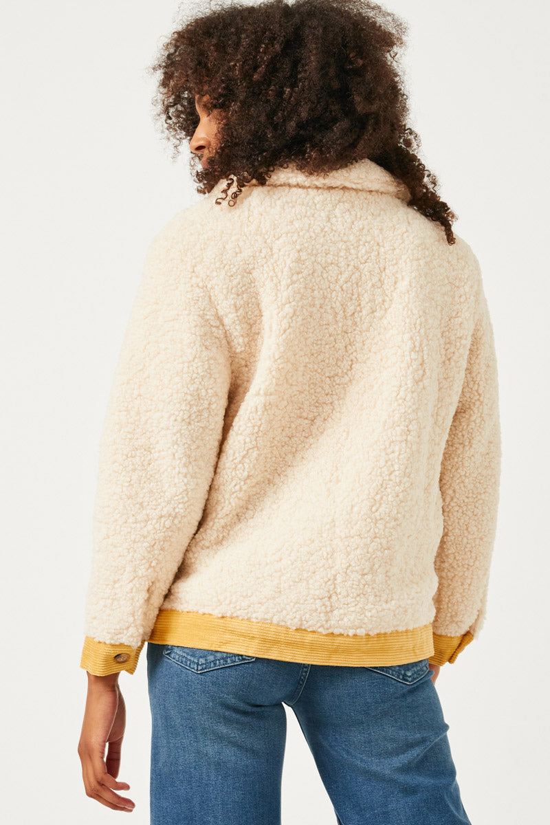 HN4284 Cream Womens Contrast Corduroy Trimmed Button Up Sherpa Jacket Back