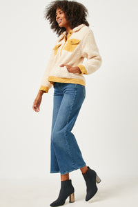 HN4284 Cream Womens Contrast Corduroy Trimmed Button Up Sherpa Jacket Alternate Angle