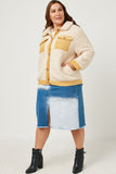 HN4284W CREAM Plus Contrast Corduroy Trimmed Button Up Sherpa Jacket Full Body
