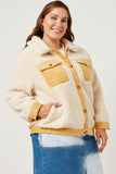 HN4284W CREAM Plus Contrast Corduroy Trimmed Button Up Sherpa Jacket Full Body