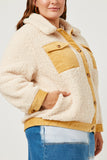 HN4284W Cream Plus Contrast Corduroy Trimmed Button Up Sherpa Jacket Gif