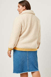 HN4284W CREAM Plus Contrast Corduroy Trimmed Button Up Sherpa Jacket Front