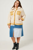 HN4284W CREAM Plus Contrast Corduroy Trimmed Button Up Sherpa Jacket Detail
