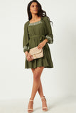 HN4290 OLIVE Womens Embroidered Square Neck and Cuff Long Sleeve Belted Dress Detail