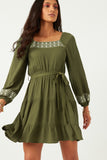 Embroidered Square Neck Long Sleeve Belted Dress