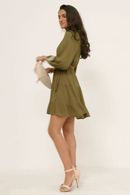 HN4290W OLIVE Plus Embroidered Square Neck and Cuff Long Sleeve Belted Dress Full Body