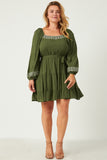 HN4290 OLIVE Womens Embroidered Square Neck and Cuff Long Sleeve Belted Dress Full Body