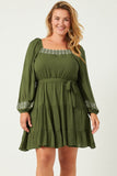 HN4290 OLIVE Womens Embroidered Square Neck and Cuff Long Sleeve Belted Dress Front