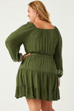 HN4290 OLIVE Womens Embroidered Square Neck and Cuff Long Sleeve Belted Dress Side