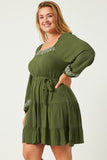 HN4290 OLIVE Womens Embroidered Square Neck and Cuff Long Sleeve Belted Dress Back