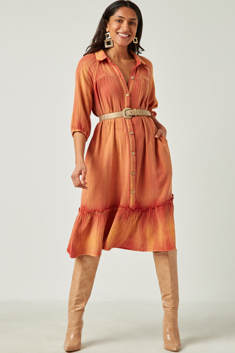 HN4299 Rust Womens Button Up Collared Long Sleeve Vintage Overdye Dress Side