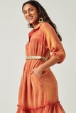 HN4299 Rust Womens Button Up Collared Long Sleeve Vintage Overdye Dress Back
