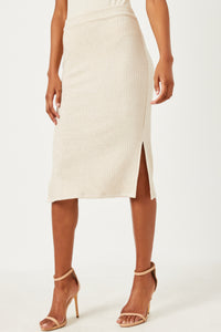 HN4383W CREAM Plus Ribbed Elastic Waist Knit Pencil Skirt Gif