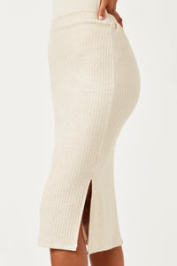HN4383W CREAM Plus Ribbed Elastic Waist Knit Pencil Skirt Front