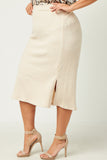 HN4383 Cream Womens Ribbed Elastic Waist Knit Pencil Skirt Side