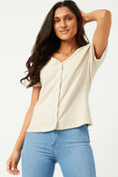 HN4384 CREAM Womens Ribbed Button Down V Neck Short Sleeve Top Side