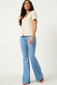 HN4384W CREAM Plus Ribbed Button Down V Neck Short Sleeve Top Gif