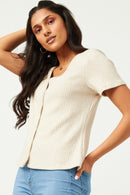HN4384W CREAM Plus Ribbed Button Down V Neck Short Sleeve Top Front