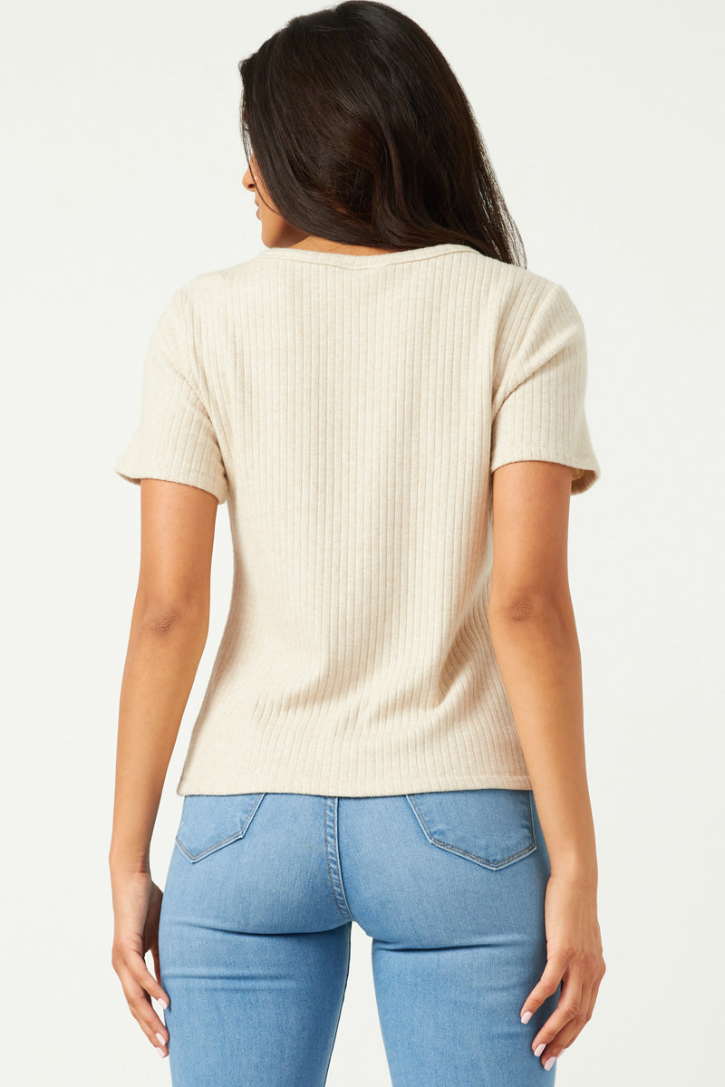 HN4384W CREAM Plus Ribbed Button Down V Neck Short Sleeve Top Side