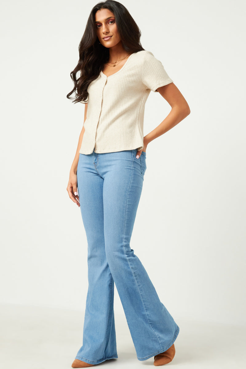 HN4384W CREAM Plus Ribbed Button Down V Neck Short Sleeve Top Back