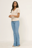 HN4384W CREAM Plus Ribbed Button Down V Neck Short Sleeve Top Full Body