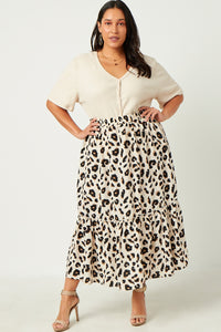 HN4384 CREAM Womens Ribbed Button Down V Neck Short Sleeve Top Front