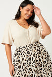 HN4384 CREAM Womens Ribbed Button Down V Neck Short Sleeve Top Full Body