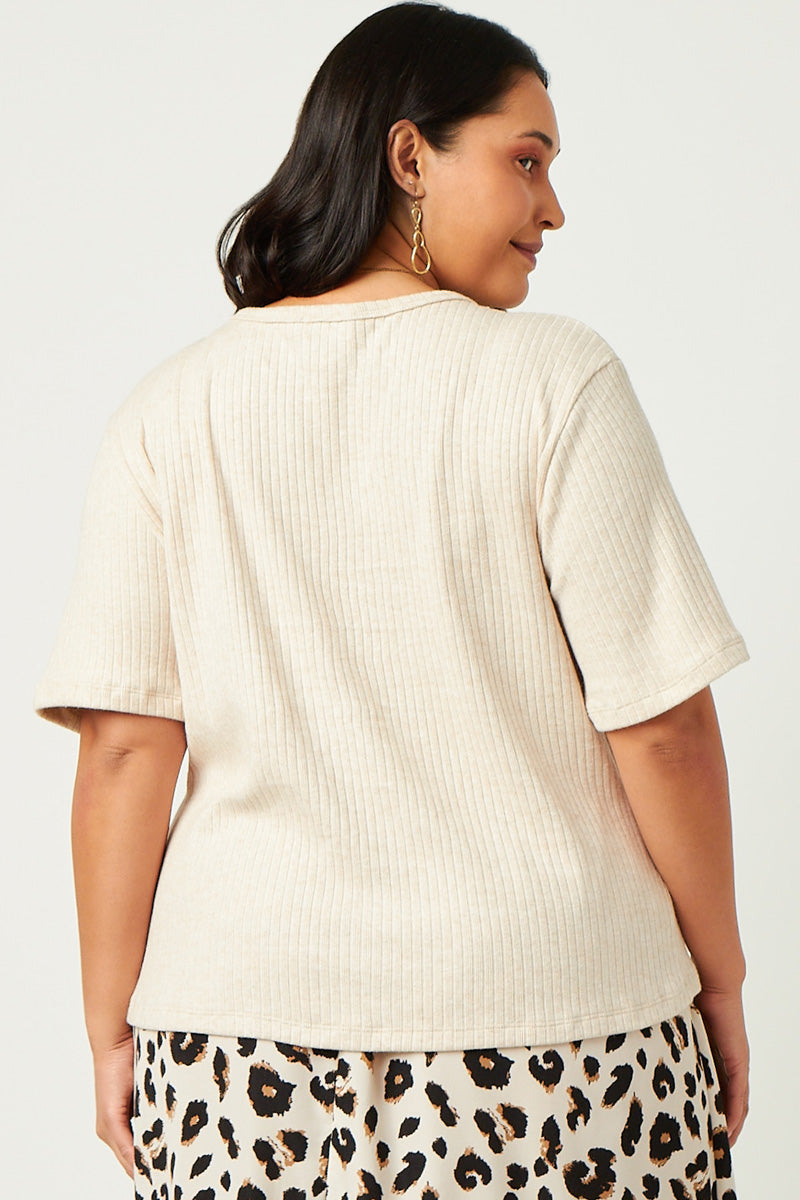 HN4384 CREAM Womens Ribbed Button Down V Neck Short Sleeve Top Back