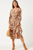 HN4407 BROWN Womens Puff Sleeve Floral Print Belted Surplice Dress Back