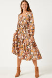 HN4407W Brown Plus Puff Sleeve Floral Print Belted Surplice Dress Full Body