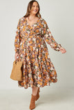 HN4407 BROWN Womens Puff Sleeve Floral Print Belted Surplice Dress Full Body
