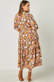 HN4407 BROWN Womens Puff Sleeve Floral Print Belted Surplice Dress Full Body 2