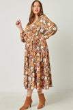 HN4407 BROWN Womens Puff Sleeve Floral Print Belted Surplice Dress Detail