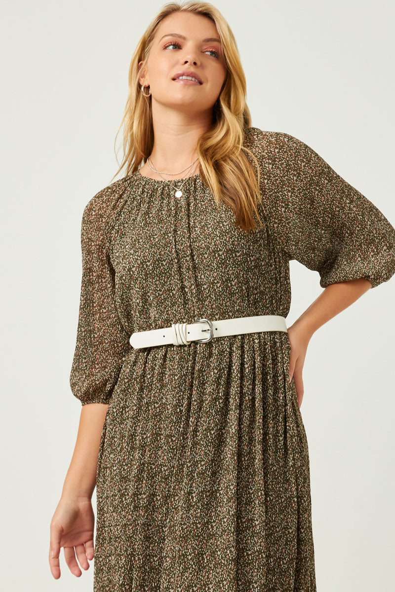 Floral Printed Crinkle Pleat Puff Sleeve Dress