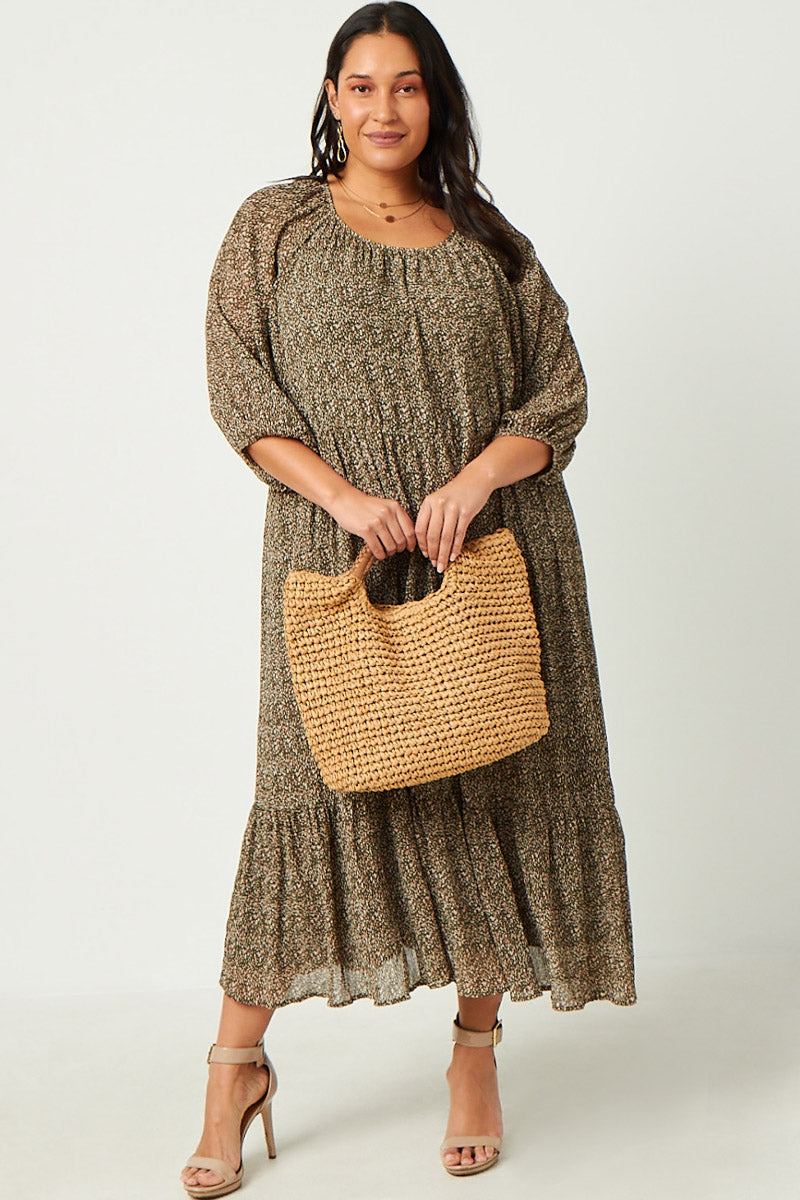 Floral Printed Crinkle Pleat Puff Sleeve Dress