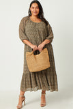 HN4443 OLIVE Womens Floral Printed Crinkle Pleat Puff Sleeve Dress Full Body