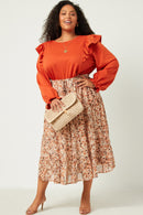 HN4455 OLIVE Womens Soft French Terry Cuffed Ruffled Long Sleeve Top