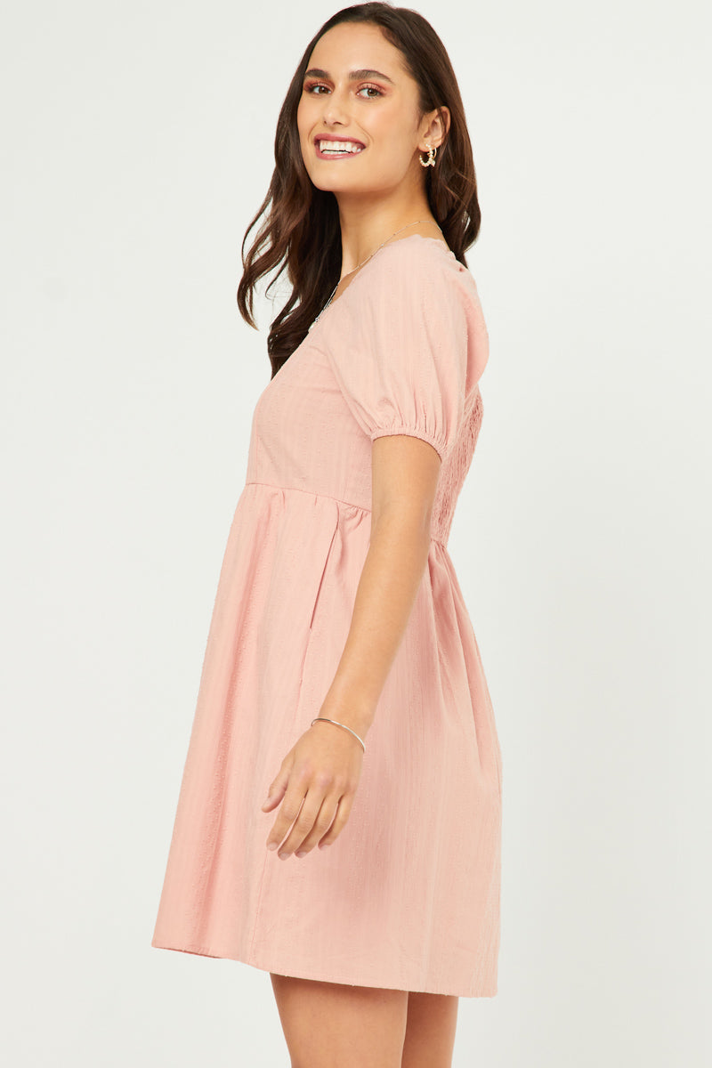 HN4498W Blush Plus Square Neck Textured Smocked Back Dress Full Body