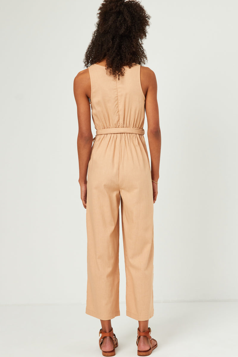 HN4518W Tan Plus Scoop Neck Sleeveless Straight Leg Belted Jumpsuit Side