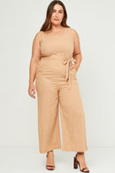 HN4518 Tan Womens Scoop Neck Sleeveless Straight Leg Belted Jumpsuit Full Body
