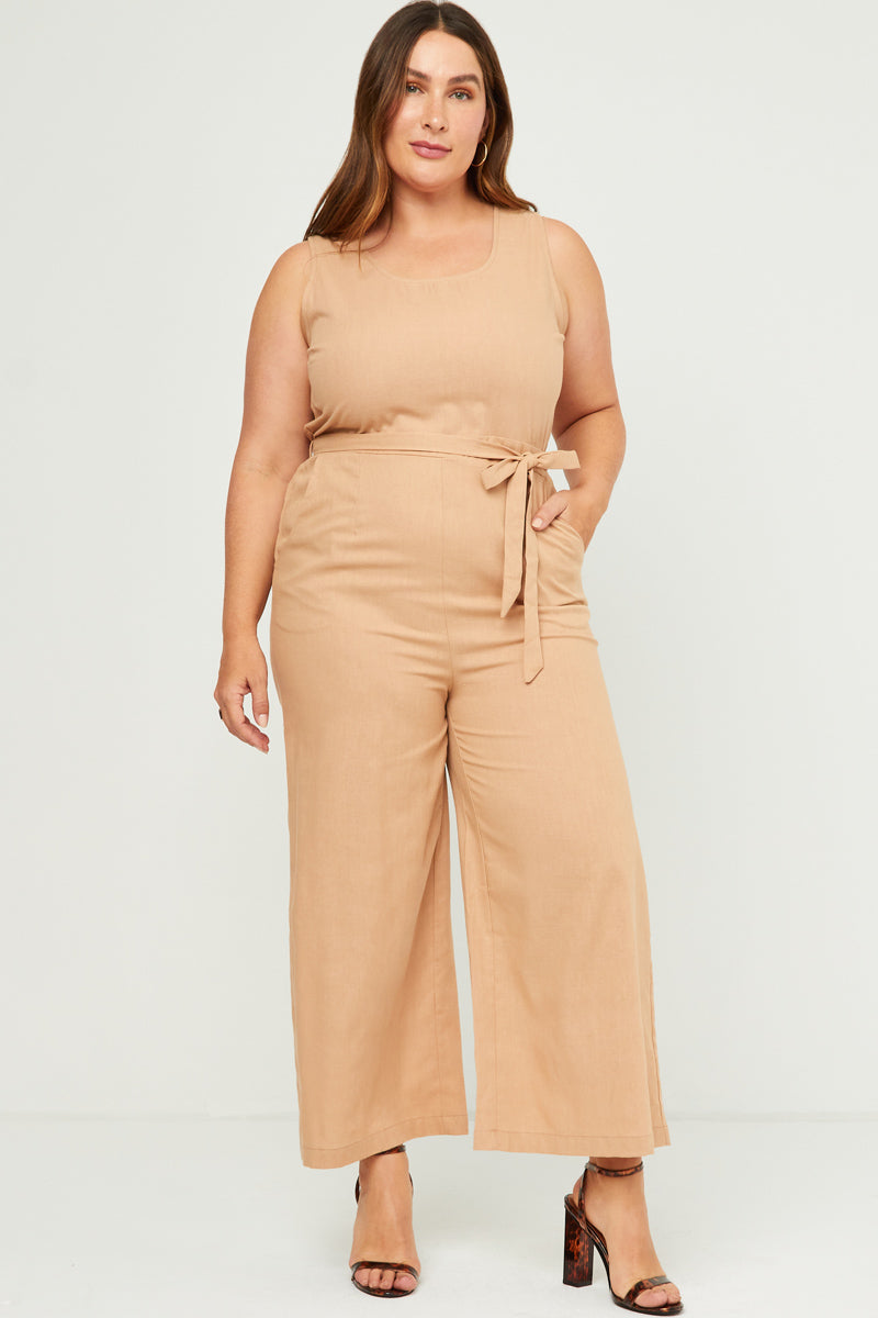 Scoop Neck Sleeveless Straight Leg Belted Jumpsuit