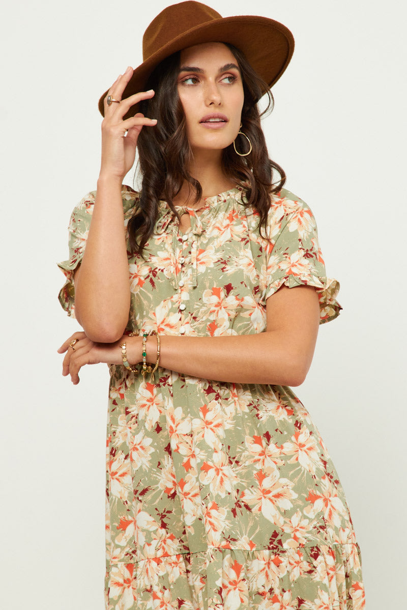 Ruffled Tie Neck Cinch Waist Floral Print Dress