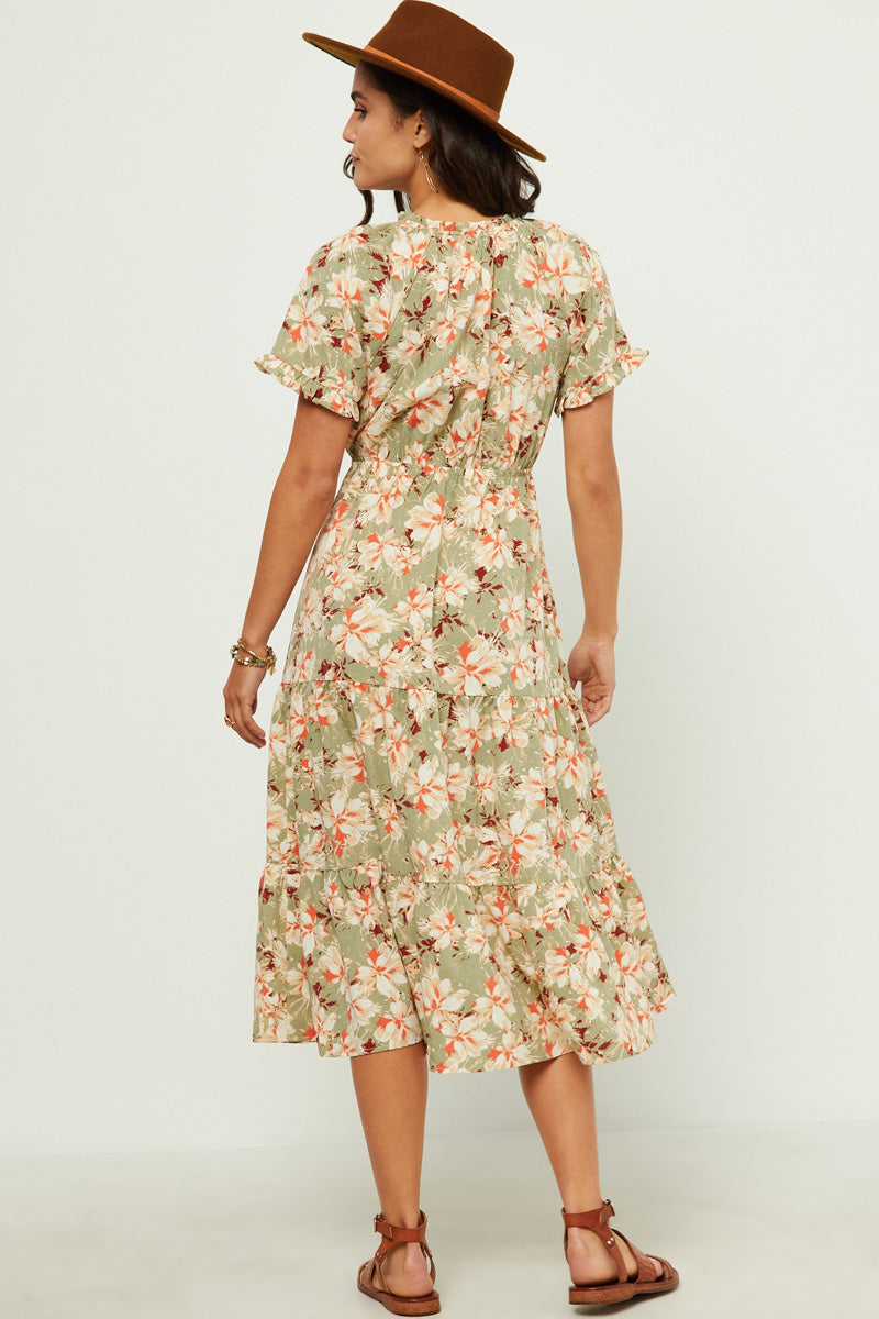 HN4524W Sage Plus Ruffled Tie Neck Cinch Waist Floral Print Dress Gif