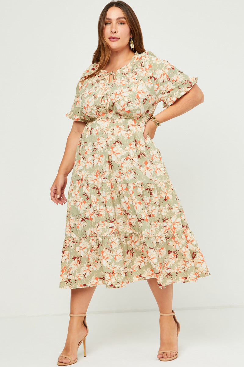 HN4524 Sage Womens Ruffled Tie Neck Cinch Waist Floral Print Dress Side