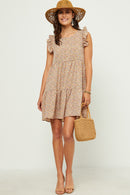 HN4533W Blush Plus Ditsy Floral Print Ruffle Detail Tiered Sleeveless Dress Front