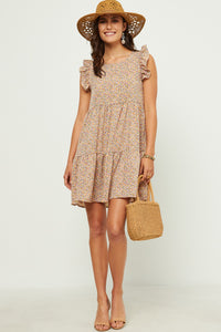 HN4533W Blush Plus Ditsy Floral Print Ruffle Detail Tiered Sleeveless Dress Front