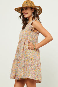 HN4533 Blush Womens Ditsy Floral Print Ruffle Detail Tiered Sleeveless Dress Side